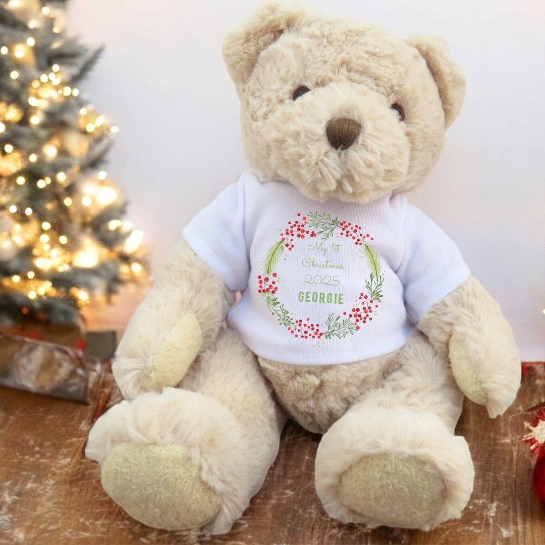 Personalised 1st Christmas Berry Wreath Teddy & Ceramic Gift Hamper